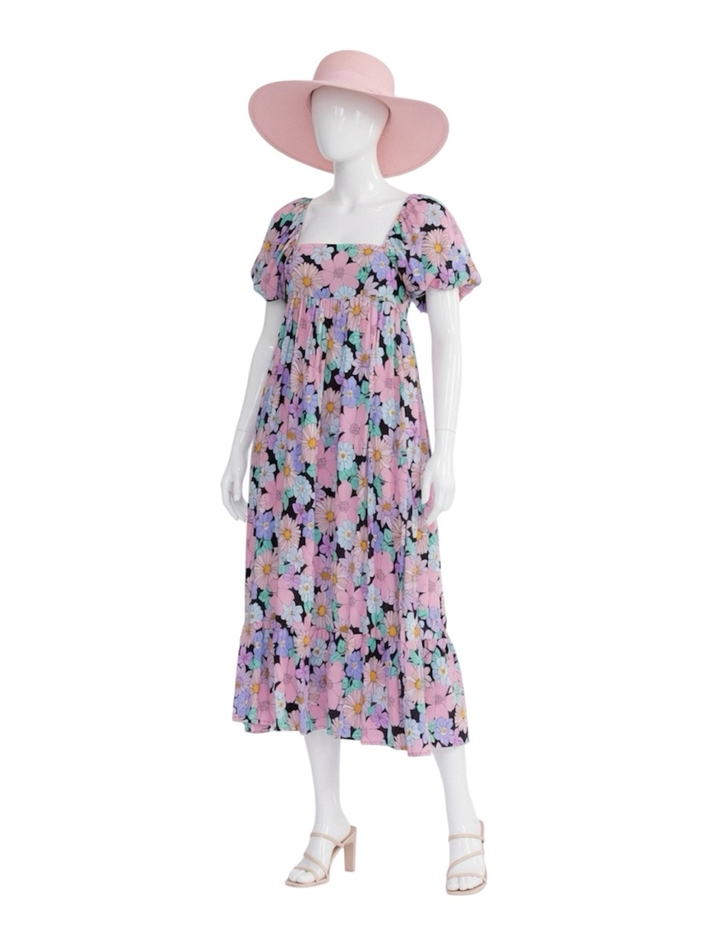 STORIA floral puff sleeve midi dress S M L